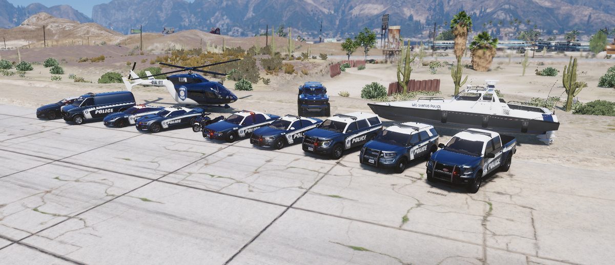 The Homebase Roleplay police fleet with custom liveries